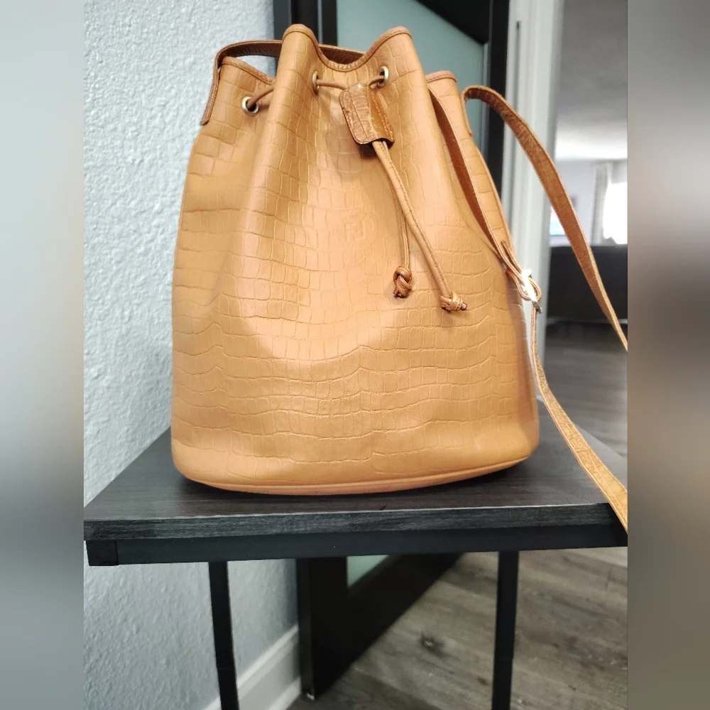 Fendi Tan Croc-Embossed Shoulder Bag